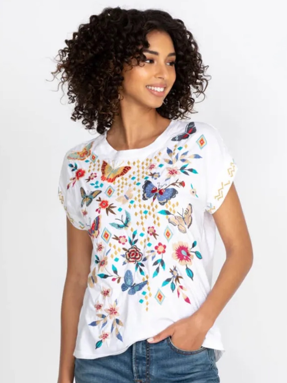NEW Johnny Was Mariposa Relaxed Short Sleeve Tee Top Butterfly Embroidery Size S